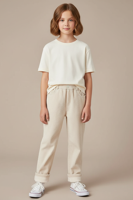 Pantalon Blanc Côtelé Droit Doublé Chaud Enfant - Beige Cordé