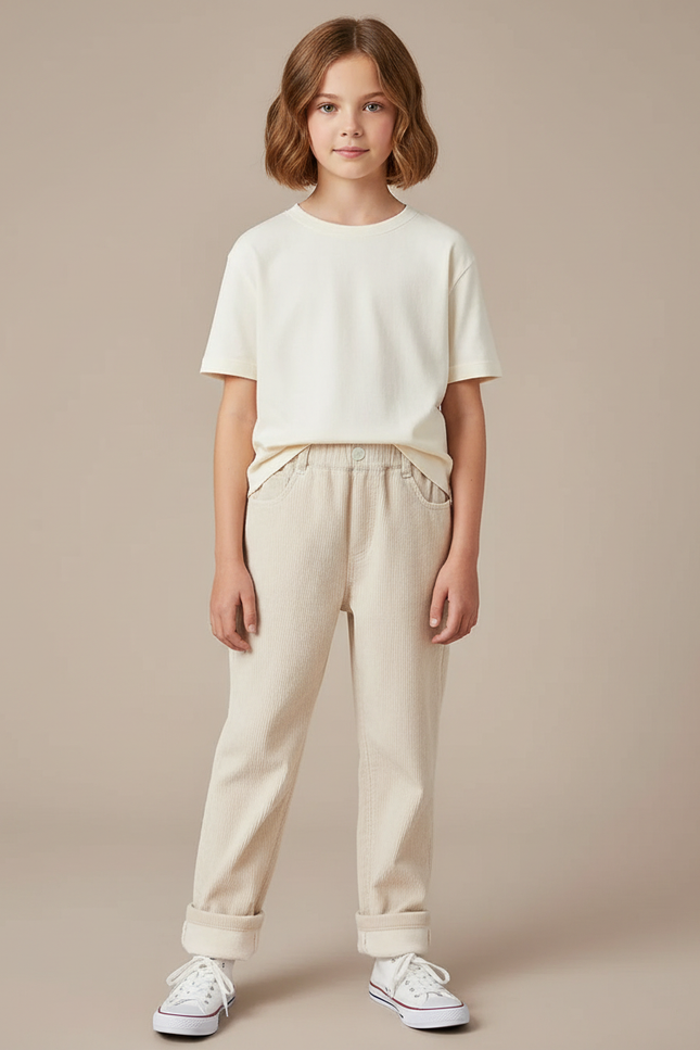 Pantalon Blanc Côtelé Droit Doublé Chaud Enfant - Beige Cordé