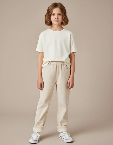 Pantalon Blanc Côtelé Droit Doublé Chaud Enfant - Beige Cordé