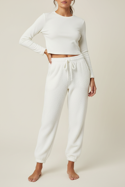 Pantalon Blanc Doux Confortable Sherpa Jogging Femme - Molleton