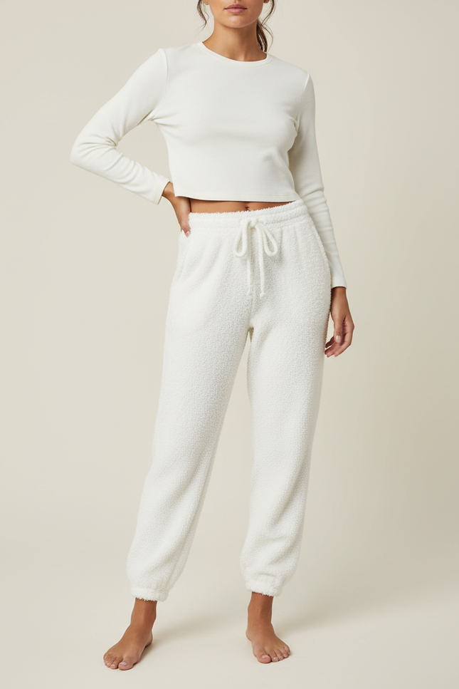 Pantalon Blanc Doux Confortable Sherpa Jogging Femme - Molleton