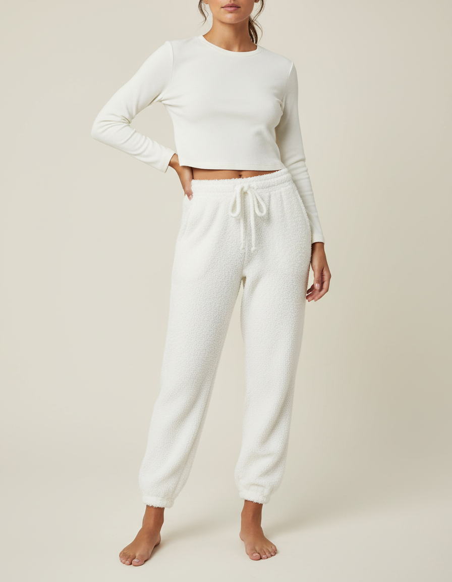 Pantalon Blanc Doux Confortable Sherpa Jogging Femme - Molleton