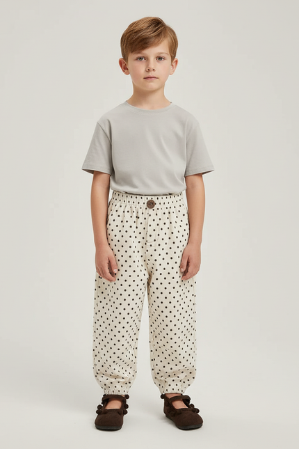 Pantalon Blanc Côtelé Ample Pois Décontracté Enfant - Beige Cordé