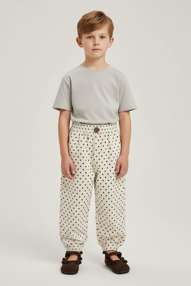 Pantalon Blanc Côtelé Ample Pois Décontracté Enfant - Beige Cordé