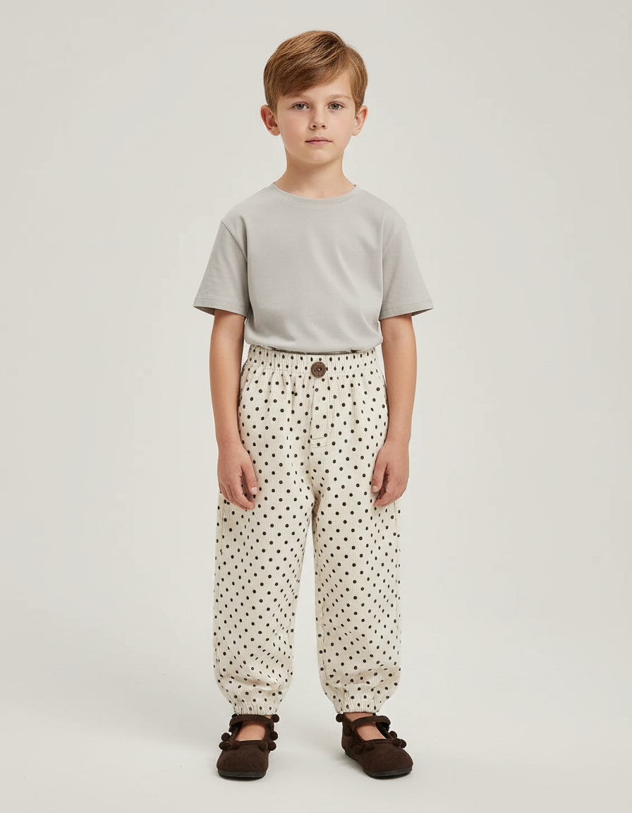 Pantalon Blanc Côtelé Ample Pois Décontracté Enfant - Beige Cordé