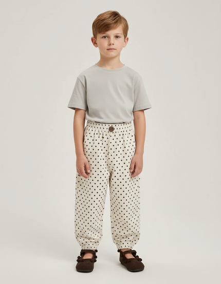 Pantalon Blanc Côtelé Ample Pois Décontracté Enfant - Beige Cordé