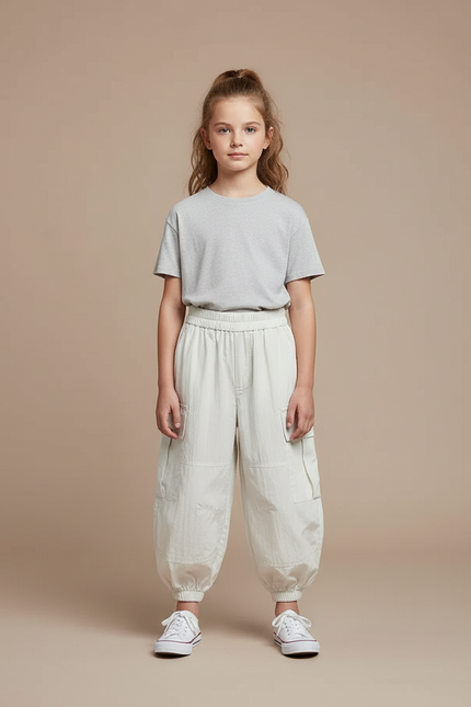 Pantalon Blanc Cargo Enfant Décontracté Léger Coton Ample - Beige