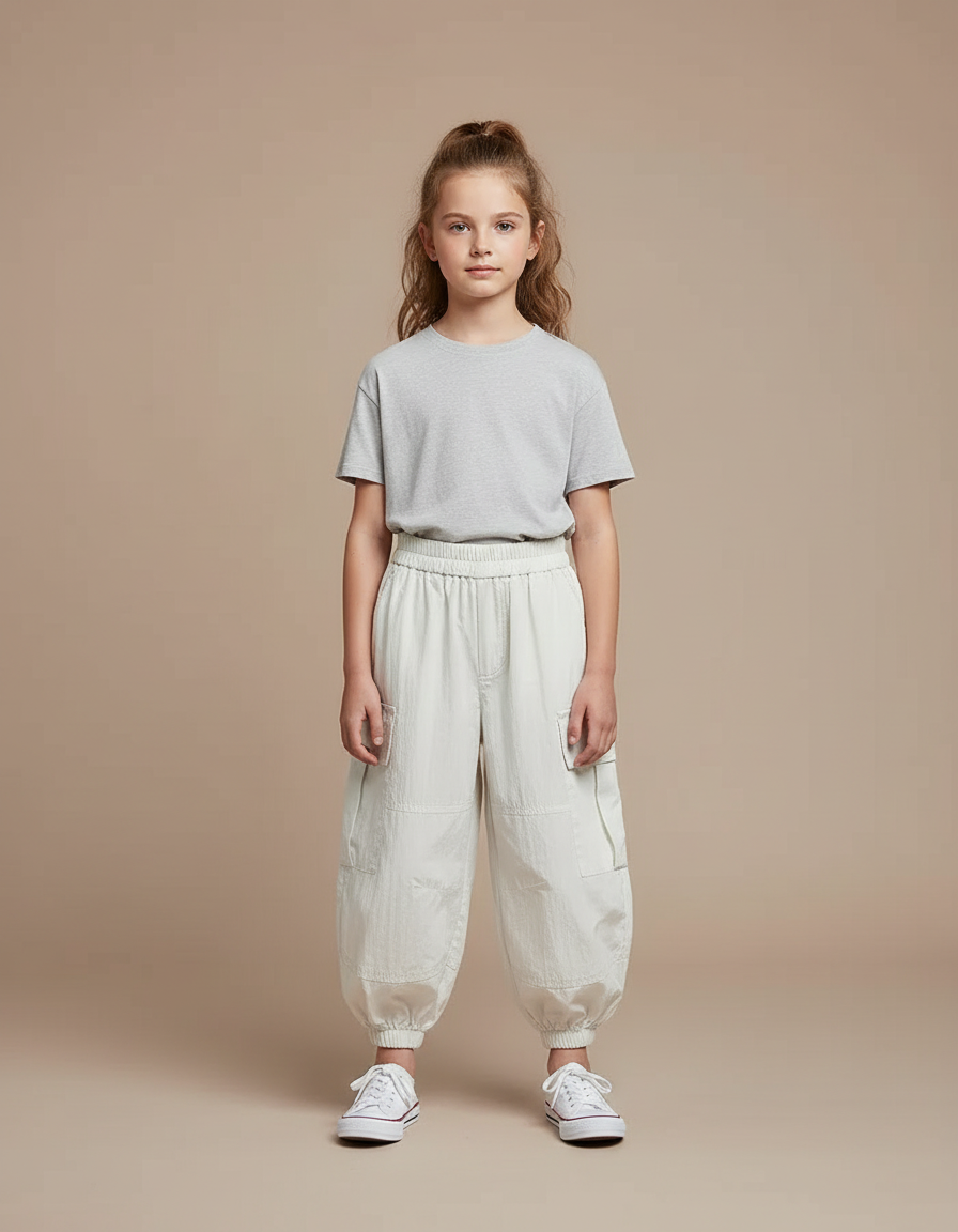 Pantalon Blanc Cargo Enfant Décontracté Léger Coton Ample - Beige