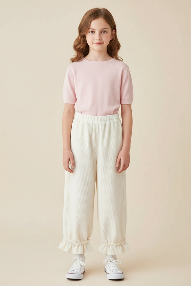 Pantalon Blanc Côtelé Ample Décontracté Volants Fille - Cordé
