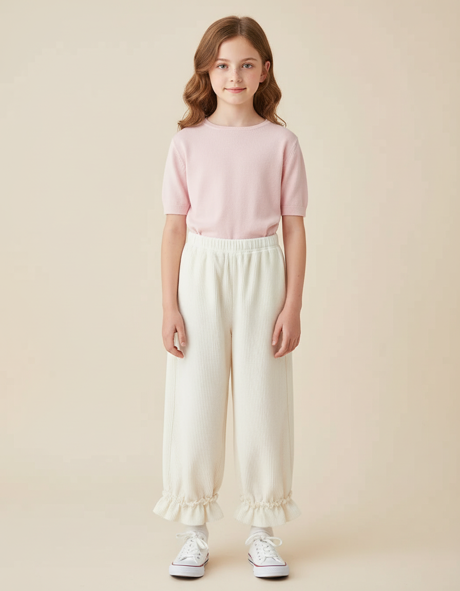 Pantalon Blanc Côtelé Ample Décontracté Volants Fille - Cordé