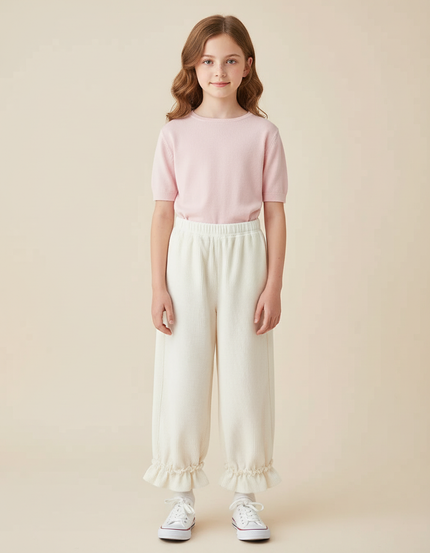Pantalon Blanc Côtelé Ample Décontracté Volants Fille - Cordé