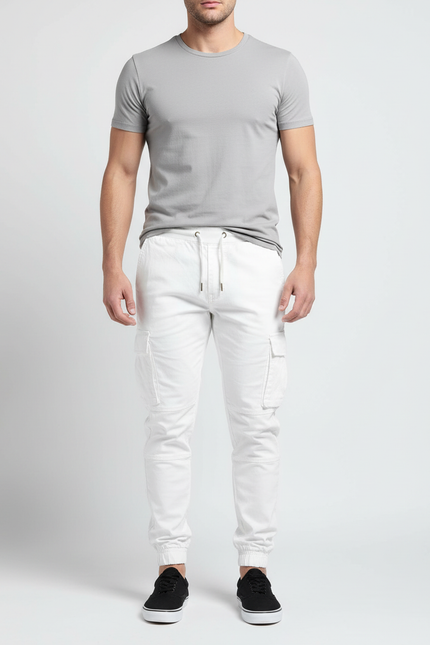 Pantalon Blanc Cargo Cordon Confortable Sport Homme - Toile