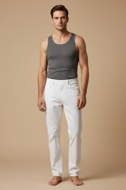 Pantalon Blanc Homme Droit Coton Décontracté Simple - Jean