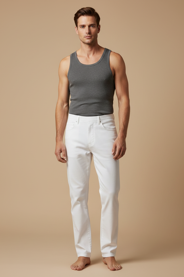Pantalon Blanc Homme Droit Coton Décontracté Simple - Jean