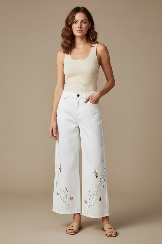 Pantalon Blanc Brodé Ajouré Large Évasé Élégant - Jean