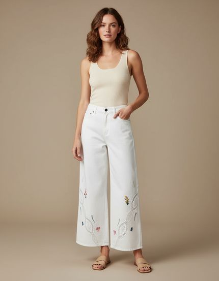 Pantalon Blanc Brodé Ajouré Large Évasé Élégant - Jean