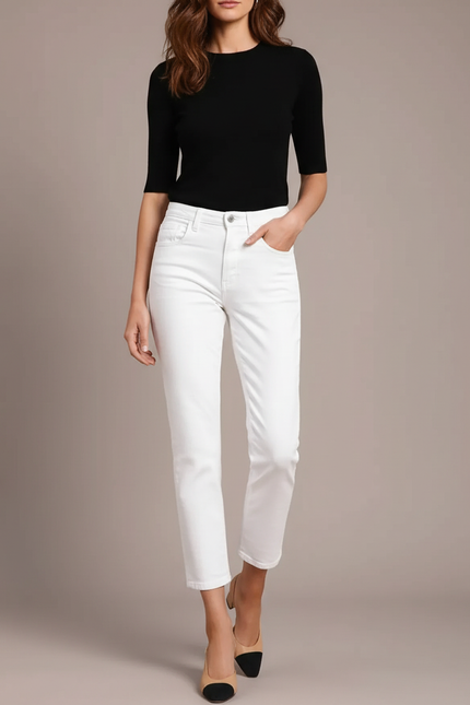 Pantalon Blanc Femme Droit Taille Haute Élégant - Jean