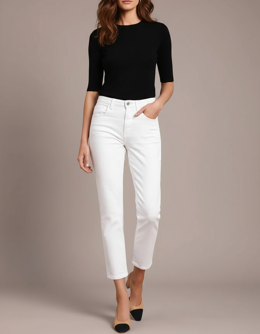 Pantalon Blanc Femme Droit Taille Haute Élégant - Jean