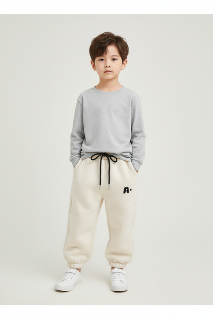 Pantalon Blanc Molletonné Ample Cordon Décontracté Hiver - Beige