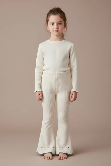 Pantalon Blanc Côtelé Tricoté Enfant Évasé Brodé - Maille