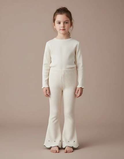 Pantalon Blanc Côtelé Tricoté Enfant Évasé Brodé - Maille