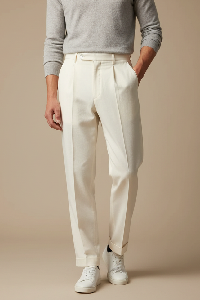 Pantalon Blanc Plissé Droit Élégant Homme Décontracté - Gabardine