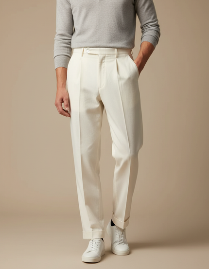 Pantalon Blanc Plissé Droit Élégant Homme Décontracté - Gabardine