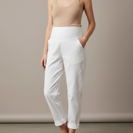 Pantalon Blanc Taille Haute Coton Décontracté Femme