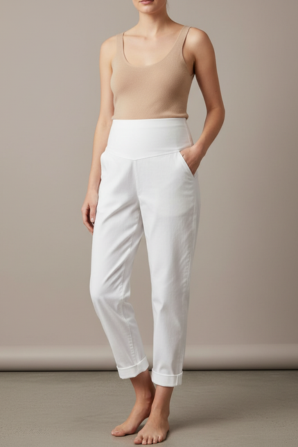 Pantalon Blanc Taille Haute Coton Décontracté Femme