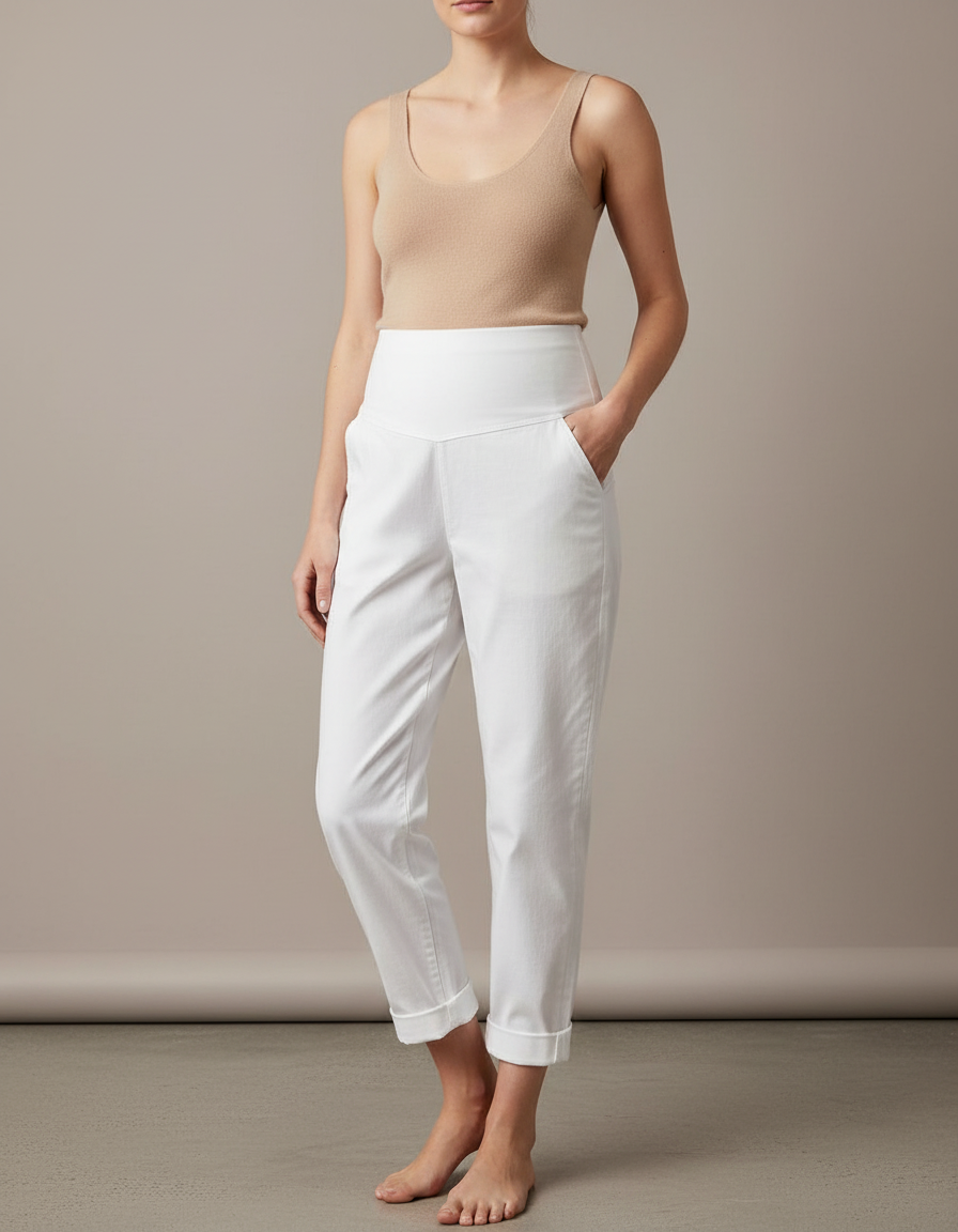 Pantalon Blanc Taille Haute Coton Décontracté Femme