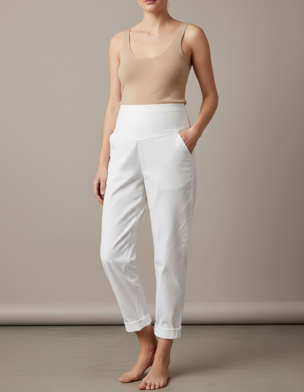 Pantalon Blanc Taille Haute Coton Décontracté Femme