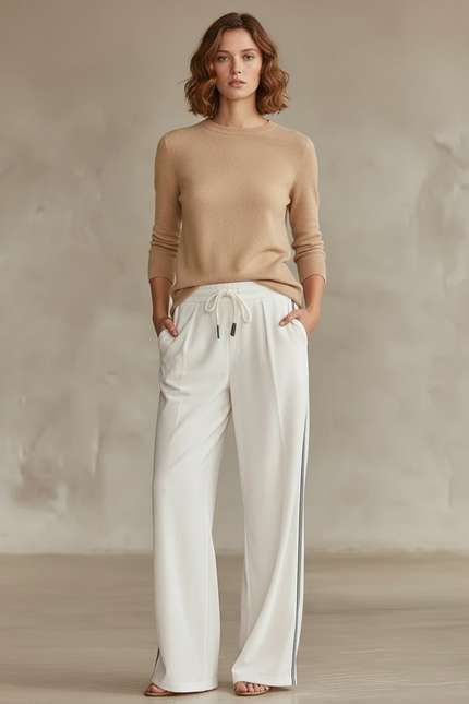 Pantalon Blanc Large Fluide Cordon Décontracté Élégant - Viscose