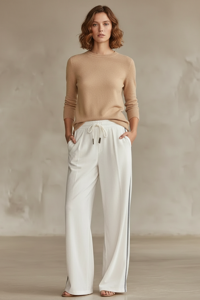 Pantalon Blanc Large Fluide Cordon Décontracté Élégant - Viscose