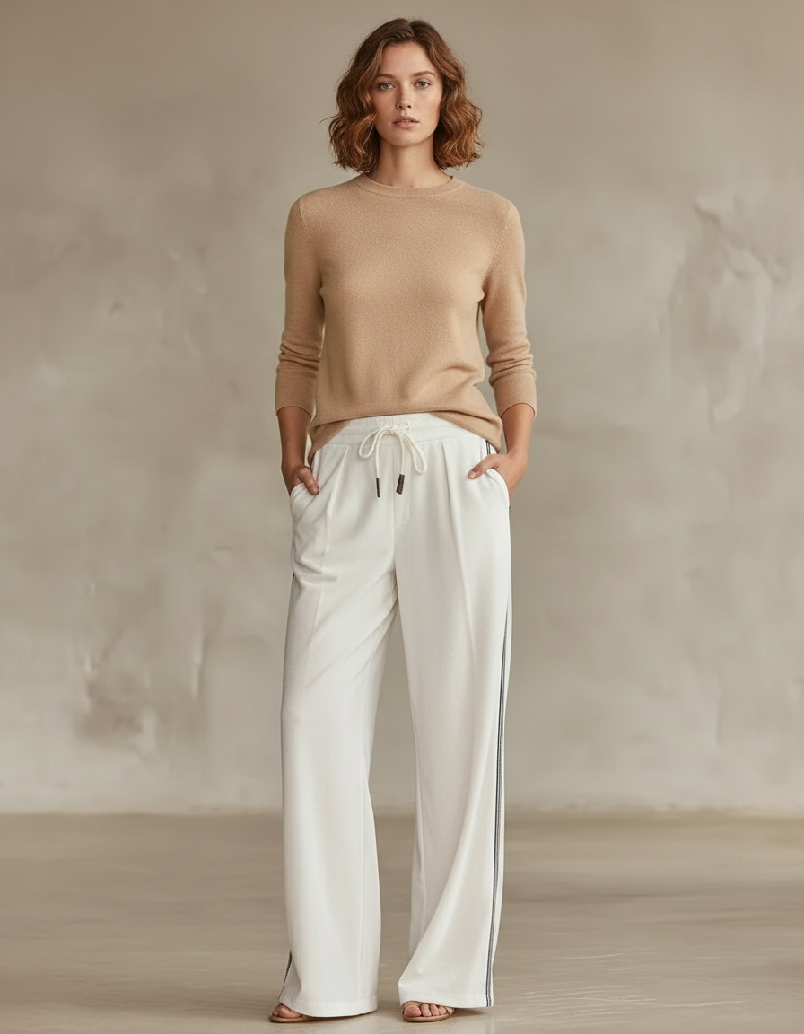 Pantalon Blanc Large Fluide Cordon Décontracté Élégant - Viscose