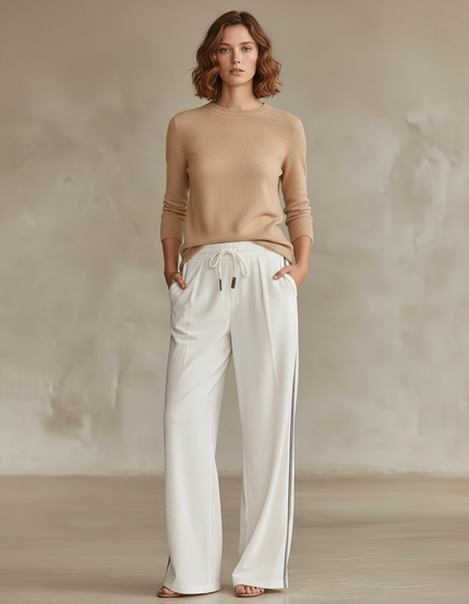 Pantalon Blanc Large Fluide Cordon Décontracté Élégant - Viscose