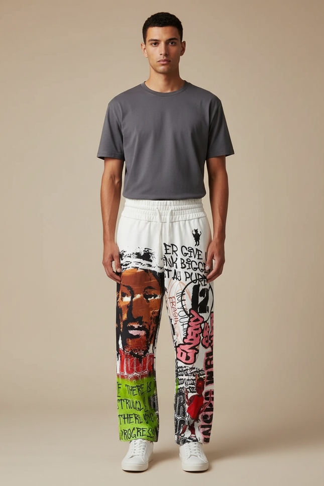 Pantalon Blanc Imprimé Graffiti Ample Décontracté Homme - Molleton