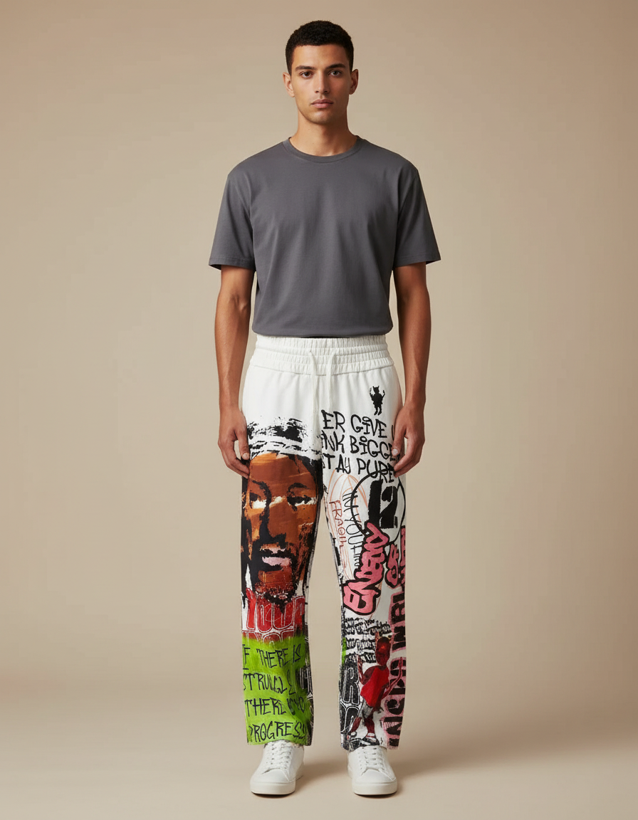 Pantalon Blanc Imprimé Graffiti Ample Décontracté Homme - Molleton