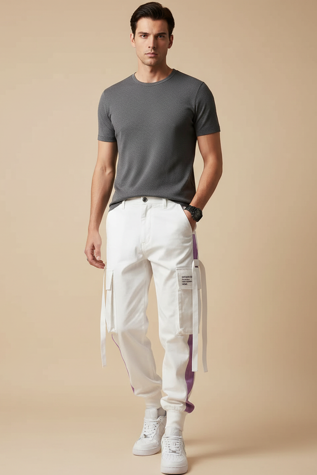 Pantalon Blanc Cargo Homme Streetwear Sportif - Toile