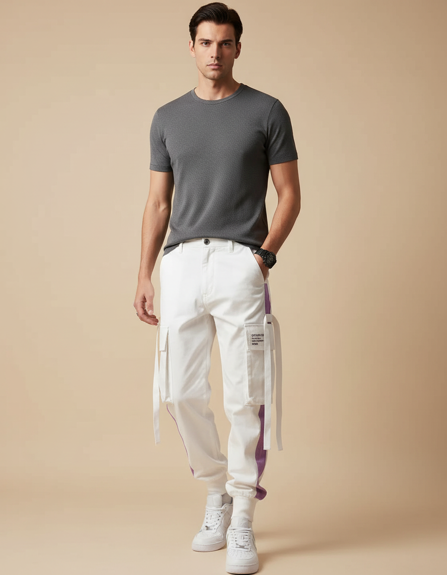 Pantalon Blanc Cargo Homme Streetwear Sportif - Toile