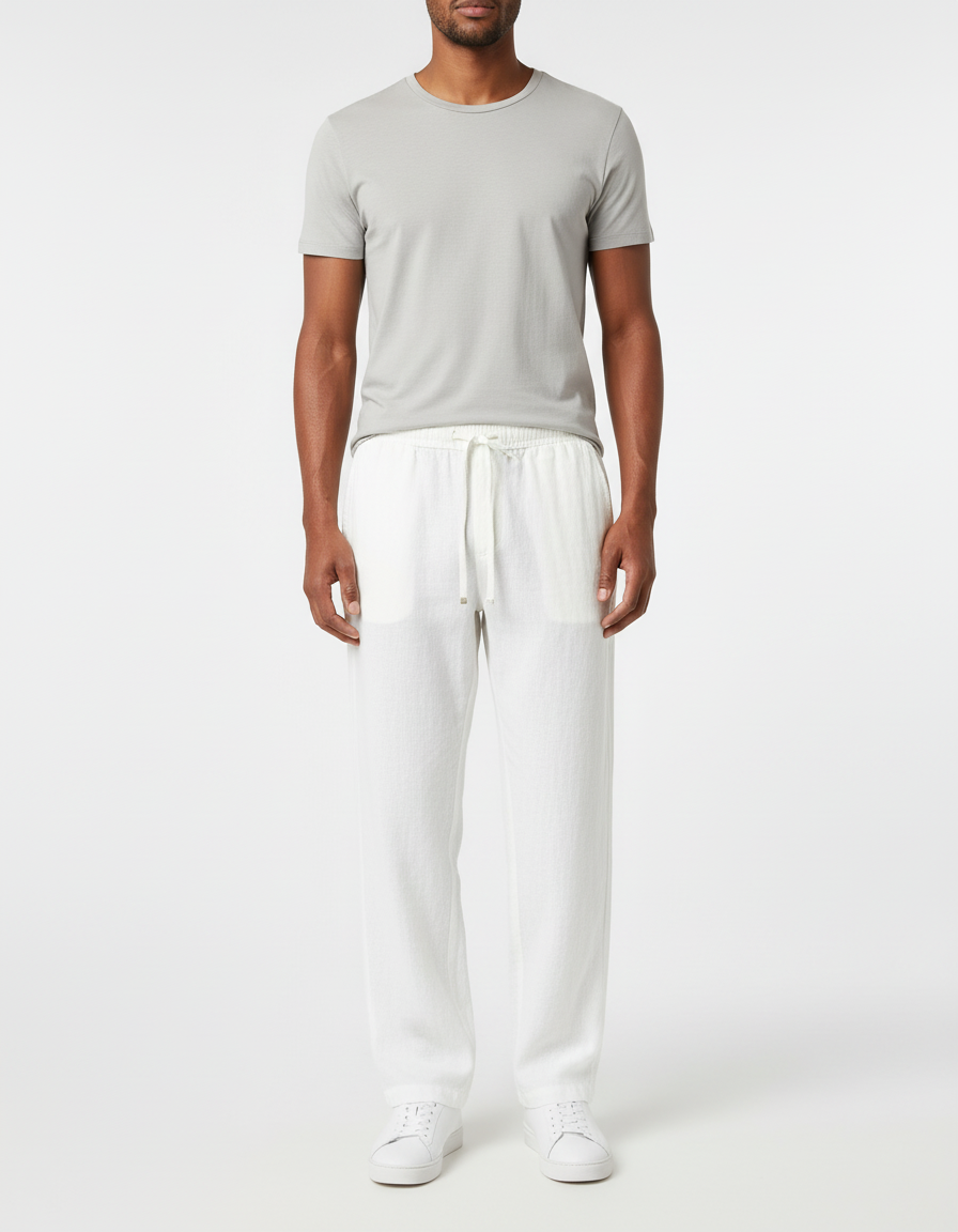Pantalon Blanc Droit Décontracté Lin Homme