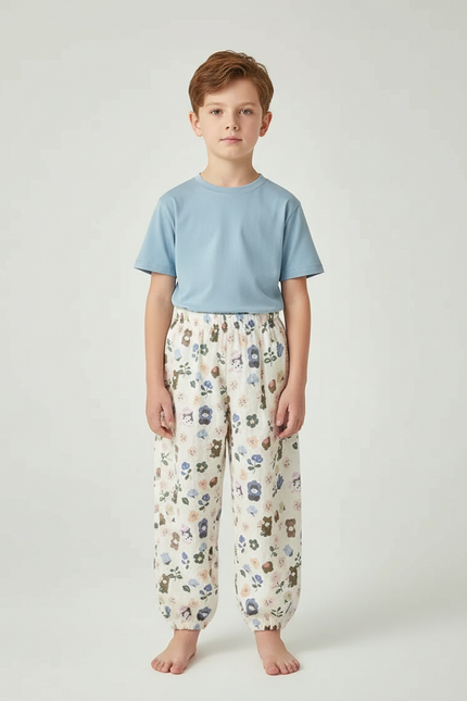 Pantalon Blanc Imprimé Fleuri Ample Coton Enfant