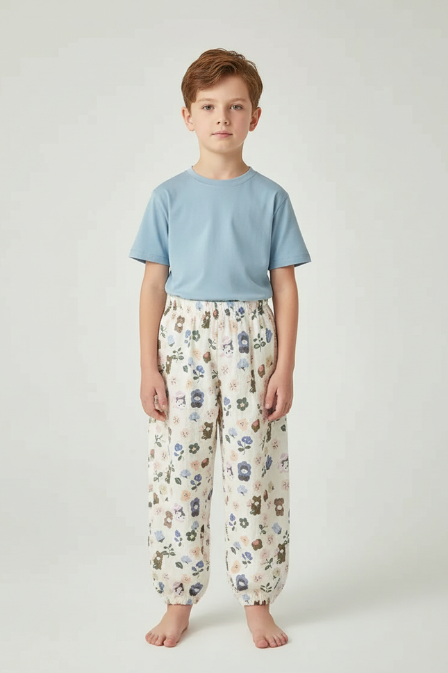 Pantalon Blanc Imprimé Fleuri Ample Coton Enfant