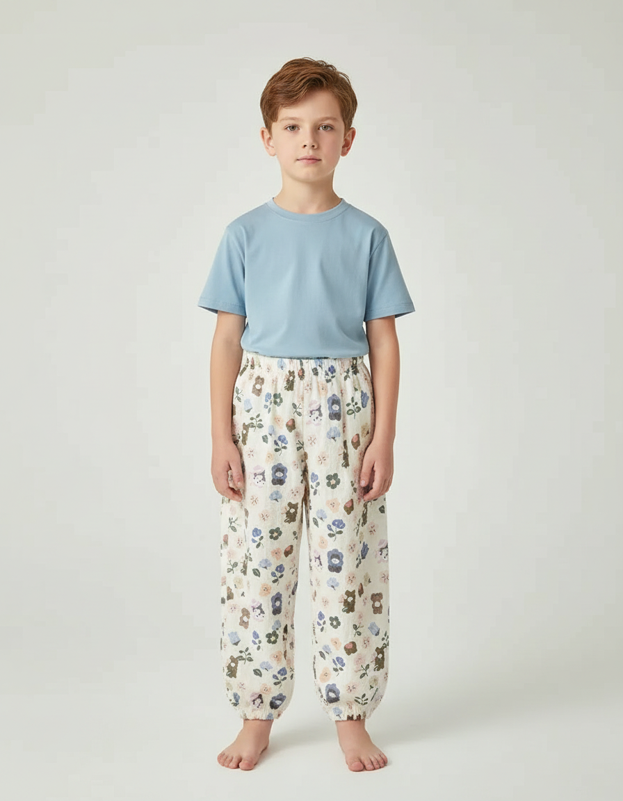 Pantalon Blanc Imprimé Fleuri Ample Coton Enfant