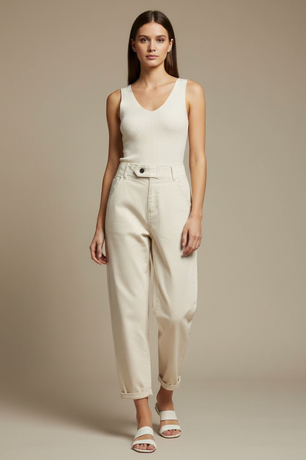 Pantalon Blanc Écru Décontracté Taille Haute Femme - Beige Toile
