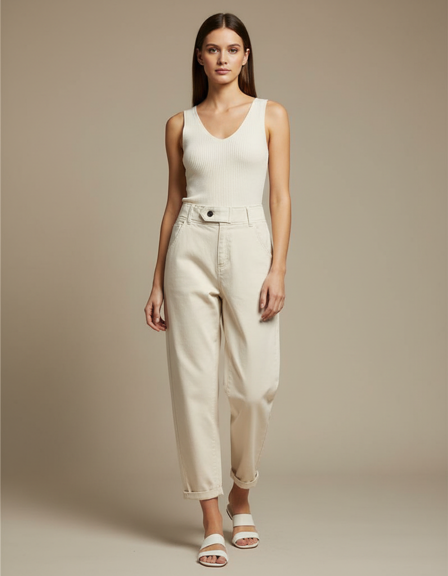 Pantalon Blanc Écru Décontracté Taille Haute Femme - Beige Toile