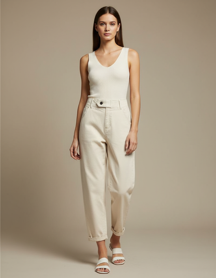 Pantalon Blanc Écru Décontracté Taille Haute Femme - Beige Toile