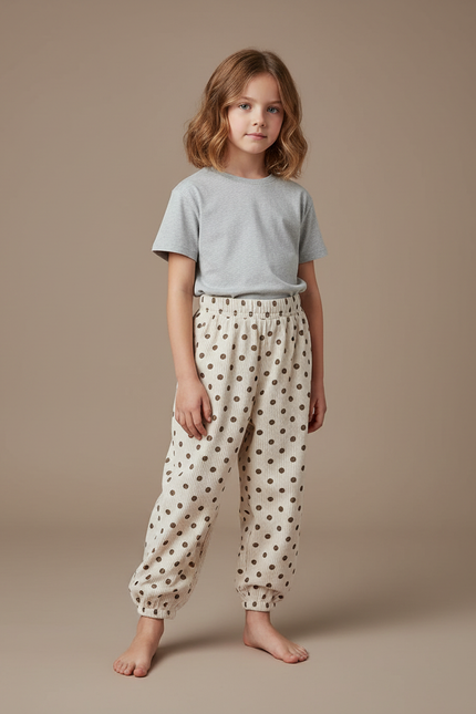 Pantalon Blanc Côtelé Polka Dots Ample Fille - Beige Cordé