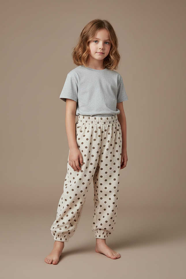 Pantalon Blanc Côtelé Polka Dots Ample Fille - Beige Cordé