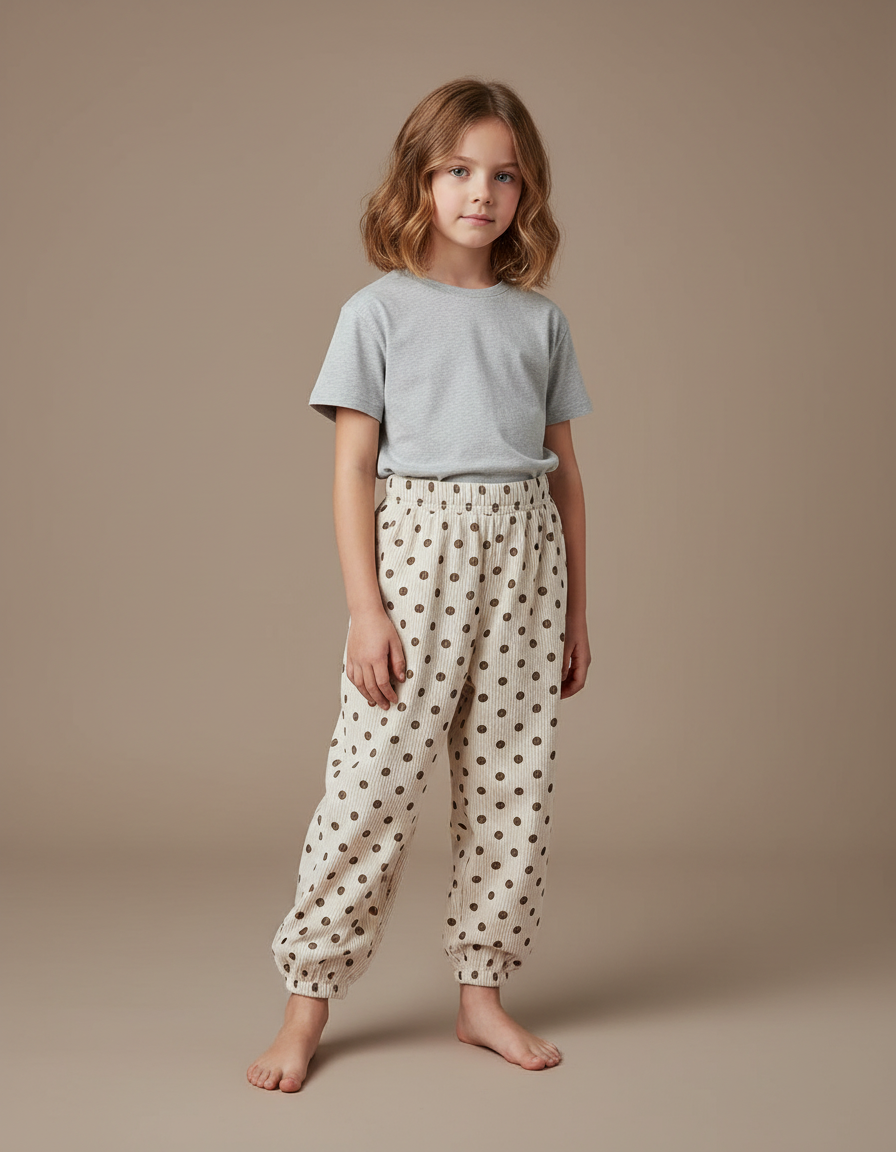 Pantalon Blanc Côtelé Polka Dots Ample Fille - Beige Cordé