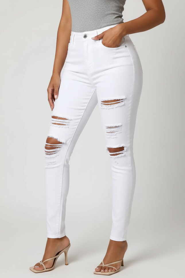Pantalon Blanc Déchiré Skinny Taille Haute Femme - Jean